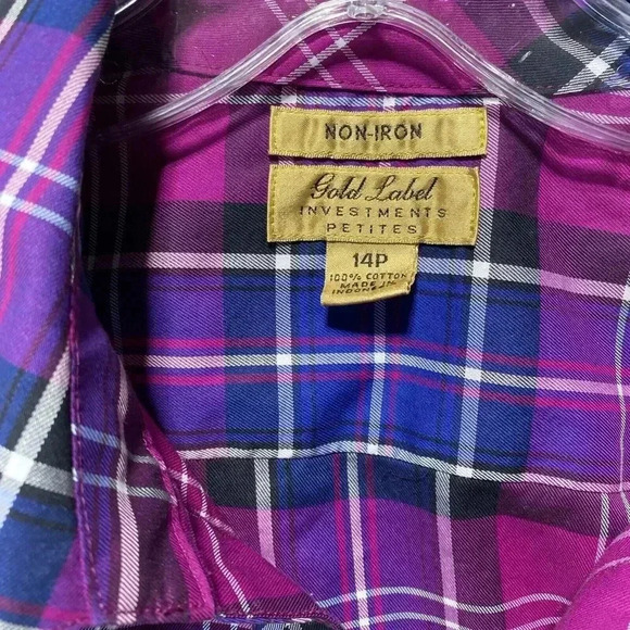 INVESTMENTS Gold Label Non-Iron Blouse 14P Women's Shirt Christine Purple Plaid - Picture 2 of 9